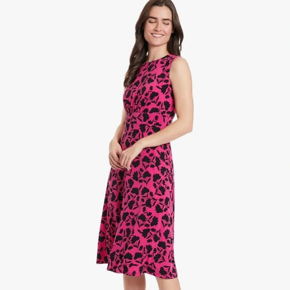 NWT London Times Women's Sleeveless Midi Fit & Flare Dress Pink Black Floral 6P - Picture 2 of 8